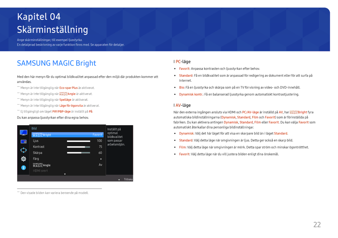 Samsung LU28E570DS/EN manual Skärminställning, Samsung Magic Bright 