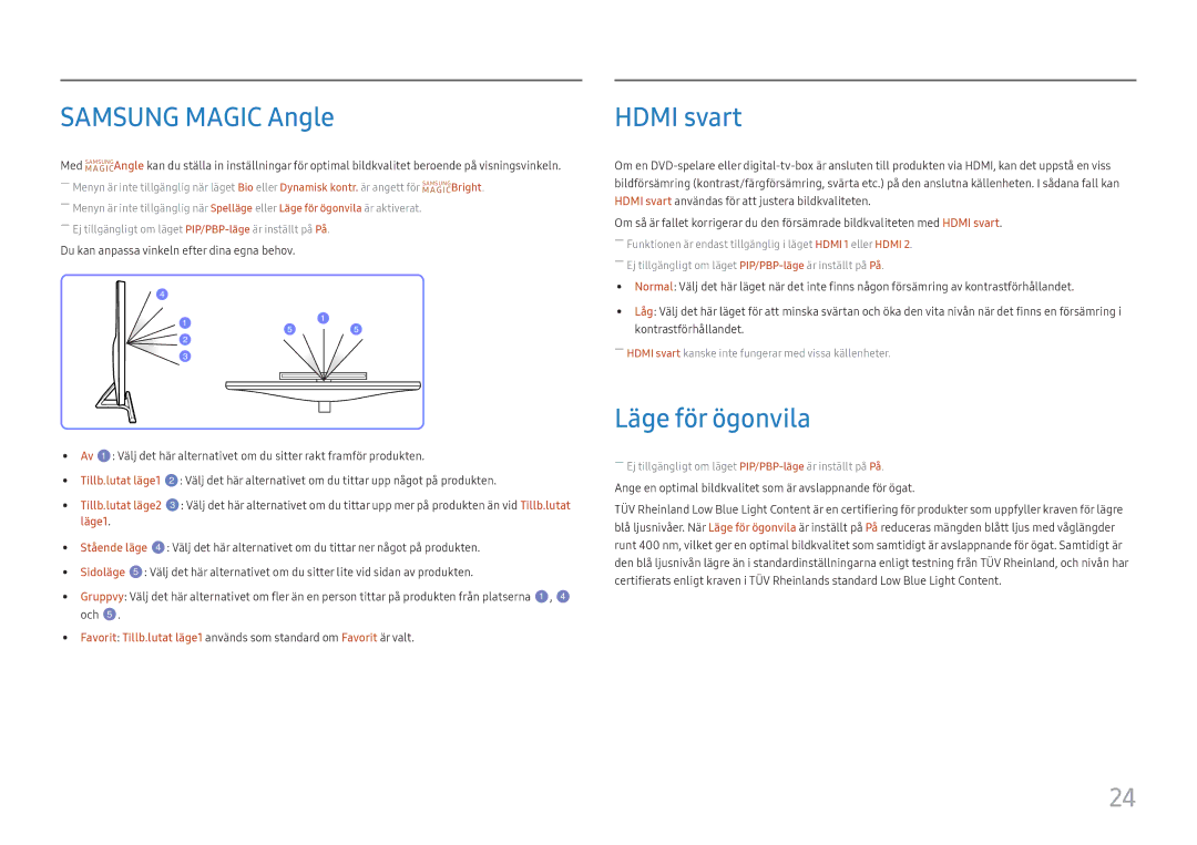 Samsung LU28E570DS/EN manual Samsung Magic Angle, Hdmi svart, Läge för ögonvila 