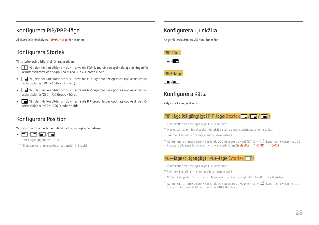 Samsung LU28E570DS/EN manual Konfigurera PIP/PBP-läge, Konfigurera Storlek, Konfigurera Position, Konfigurera Ljudkälla 