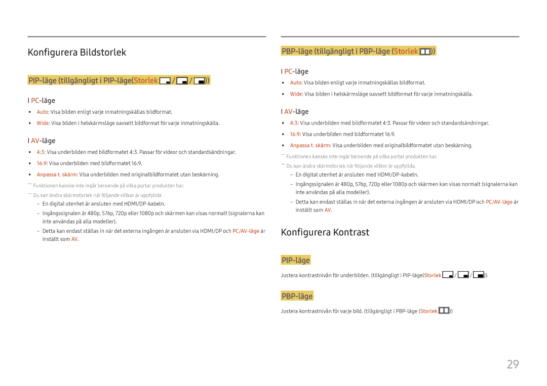 Samsung LU28E570DS/EN manual Konfigurera Bildstorlek, Konfigurera Kontrast, PIP-läge 