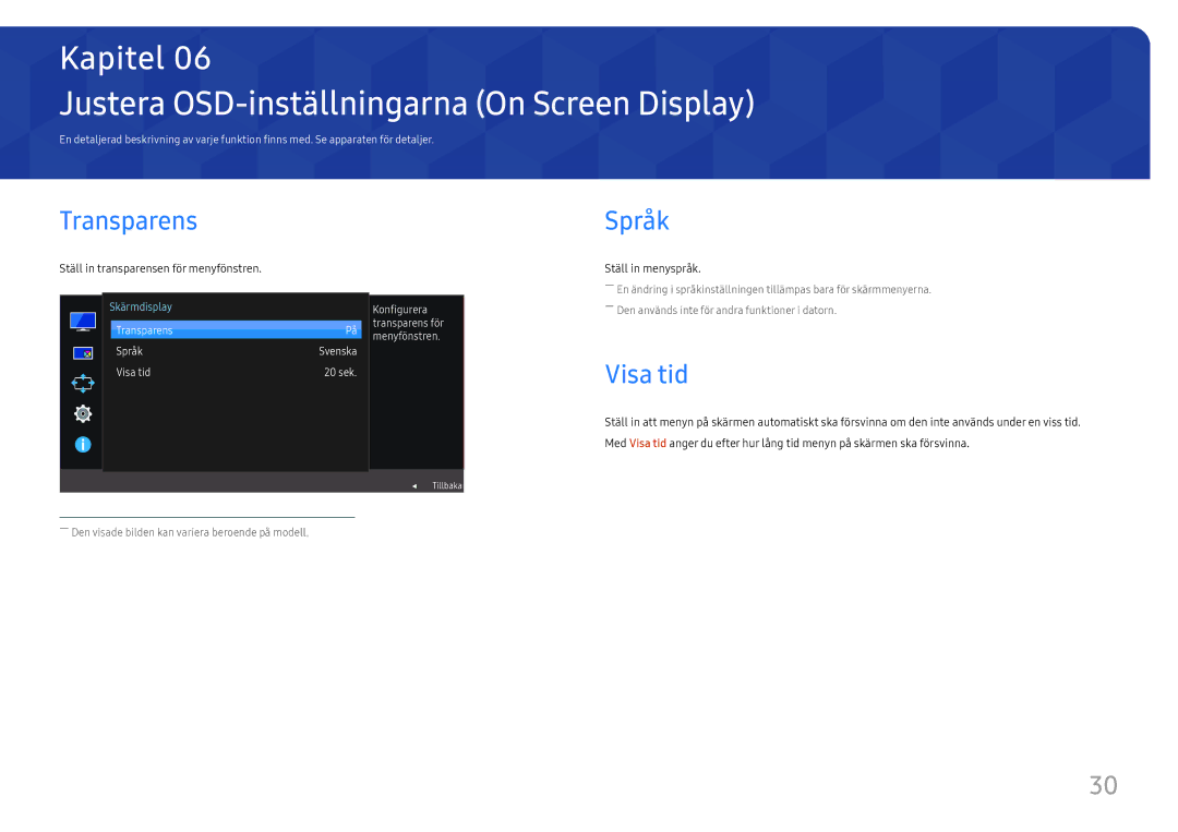 Samsung LU28E570DS/EN manual Justera OSD-inställningarna On Screen Display, Transparens, Språk, Visa tid 