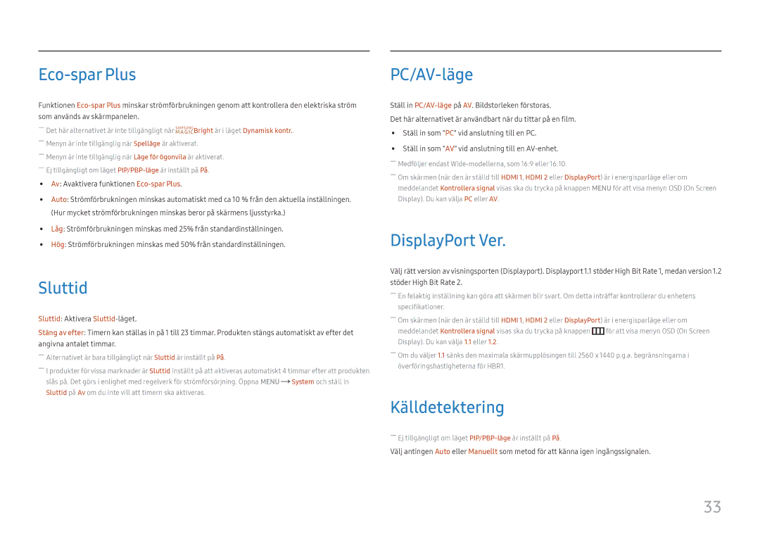 Samsung LU28E570DS/EN manual Eco-spar Plus, Sluttid, PC/AV-läge, DisplayPort Ver, Källdetektering 