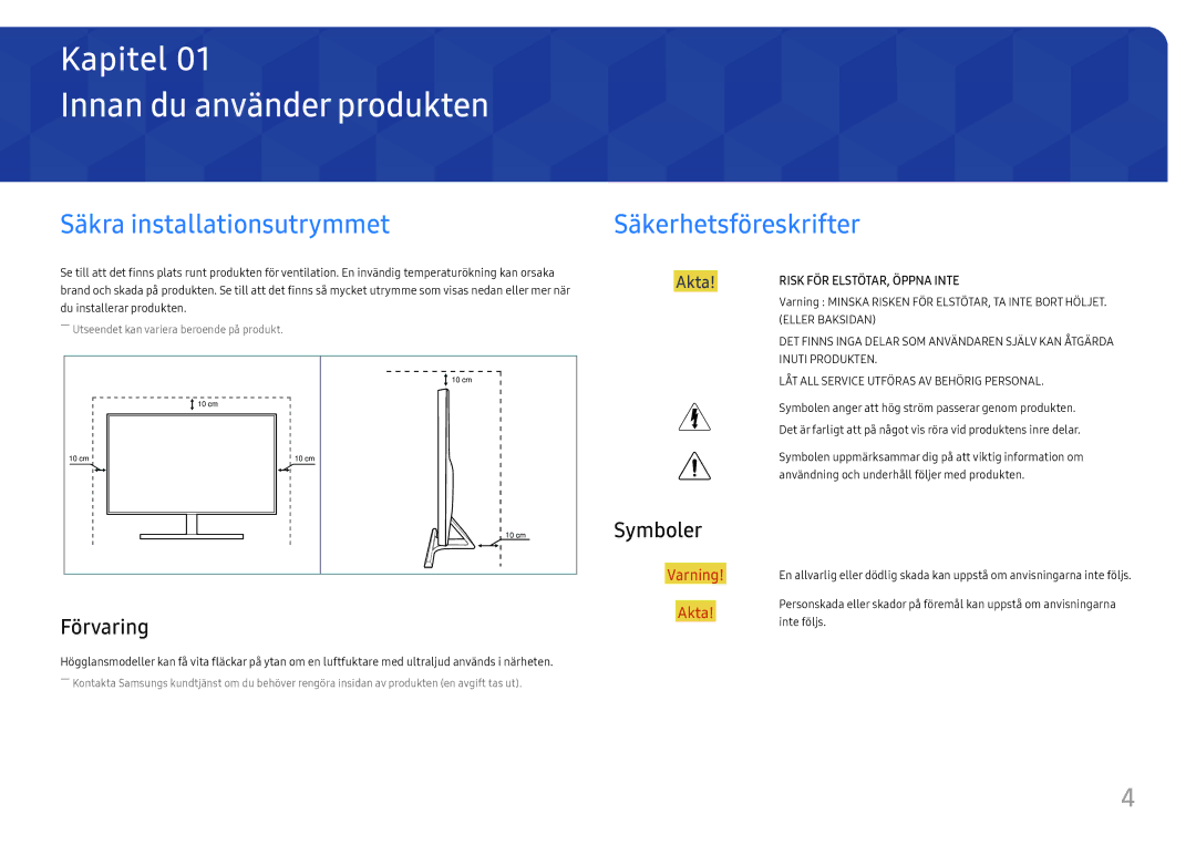 Samsung LU28E570DS/EN Innan du använder produkten, Säkra installationsutrymmet, Säkerhetsföreskrifter, Förvaring, Symboler 