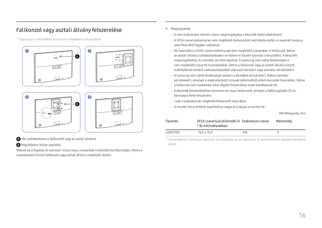 Samsung LU28E570DS/EN manual Falikonzol vagy asztali állvány felszerelése, Típusnév, Mennyiség, Milliméterekben 