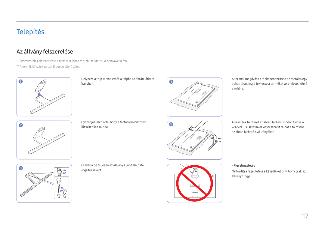 Samsung LU28E570DS/EN manual Telepítés, Az állvány felszerelése, Figyelmeztetés 