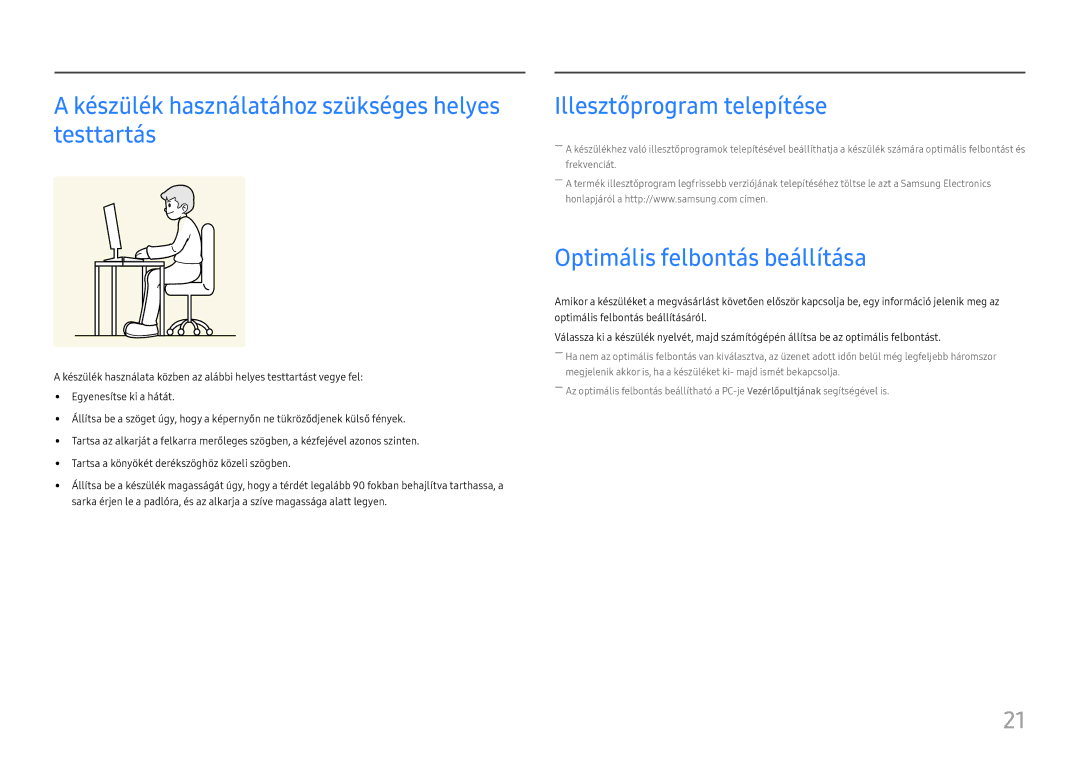 Samsung LU28E570DS/EN manual Készülék használatához szükséges helyes testtartás, Illesztőprogram telepítése 