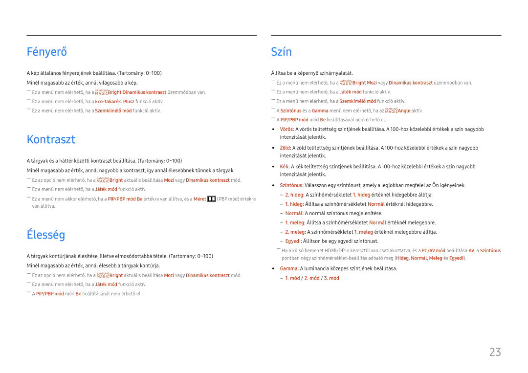 Samsung LU28E570DS/EN manual Fényerő, Kontraszt, Élesség, Szín 