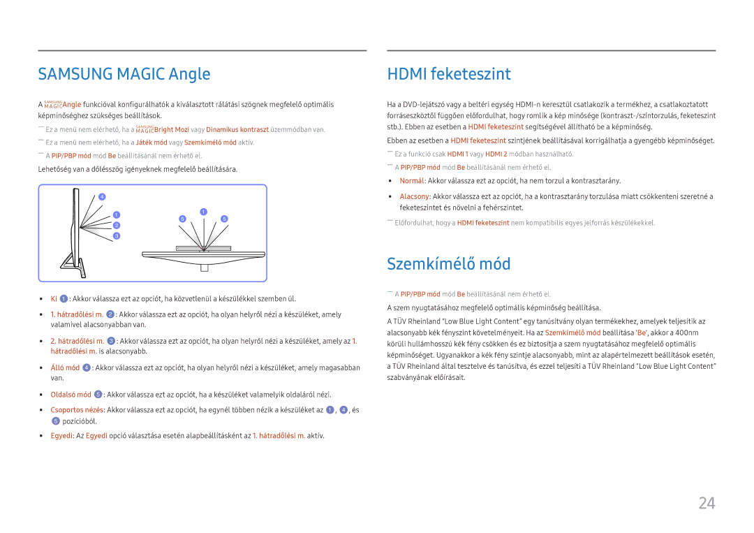 Samsung LU28E570DS/EN manual Samsung Magic Angle, Hdmi feketeszint, Szemkímélő mód 