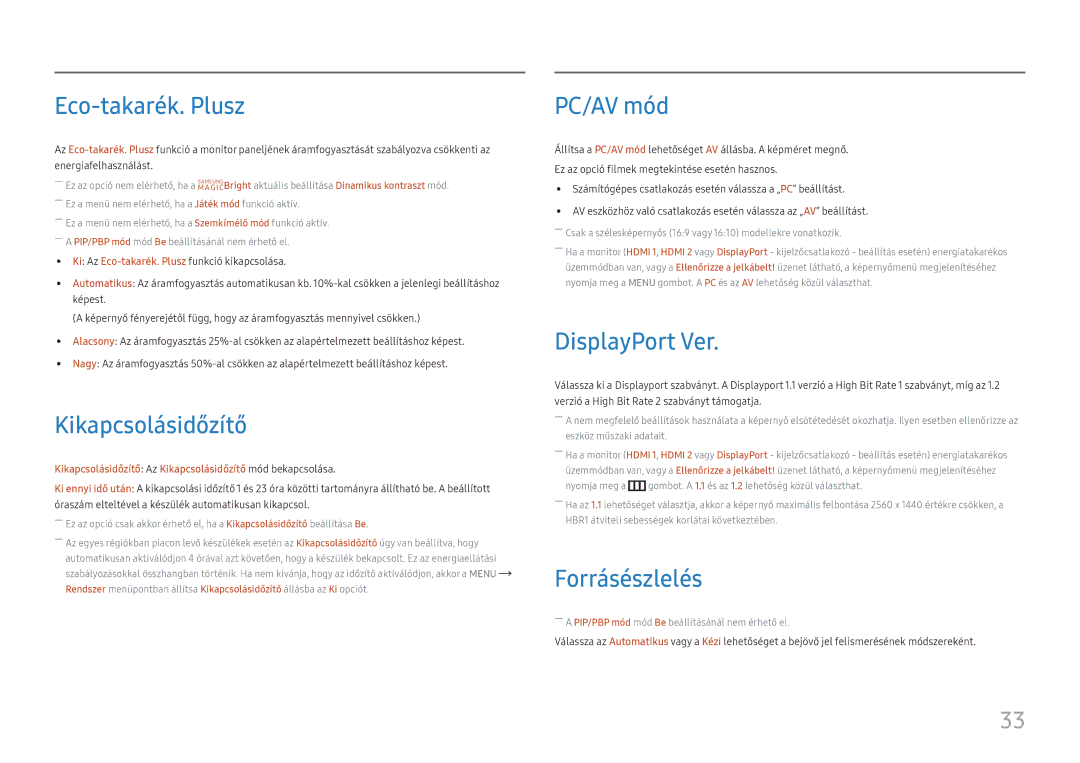 Samsung LU28E570DS/EN manual Eco-takarék. Plusz, Kikapcsolásidőzítő, PC/AV mód, DisplayPort Ver, Forrásészlelés 