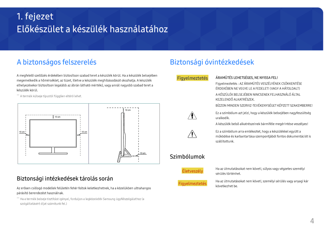 Samsung LU28E570DS/EN Előkészület a készülék használatához, Biztonságos felszerelés Biztonsági óvintézkedések, Szimbólumok 