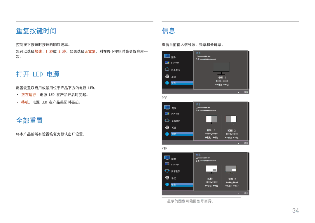 Samsung LU28E570DS/EN manual 重复按键时间, 打开 Led 电源, 全部重置 