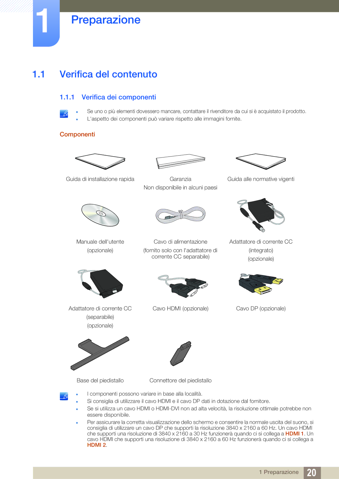 Samsung LU28E590DS/EN manual Preparazione, Verifica del contenuto, Verifica dei componenti 