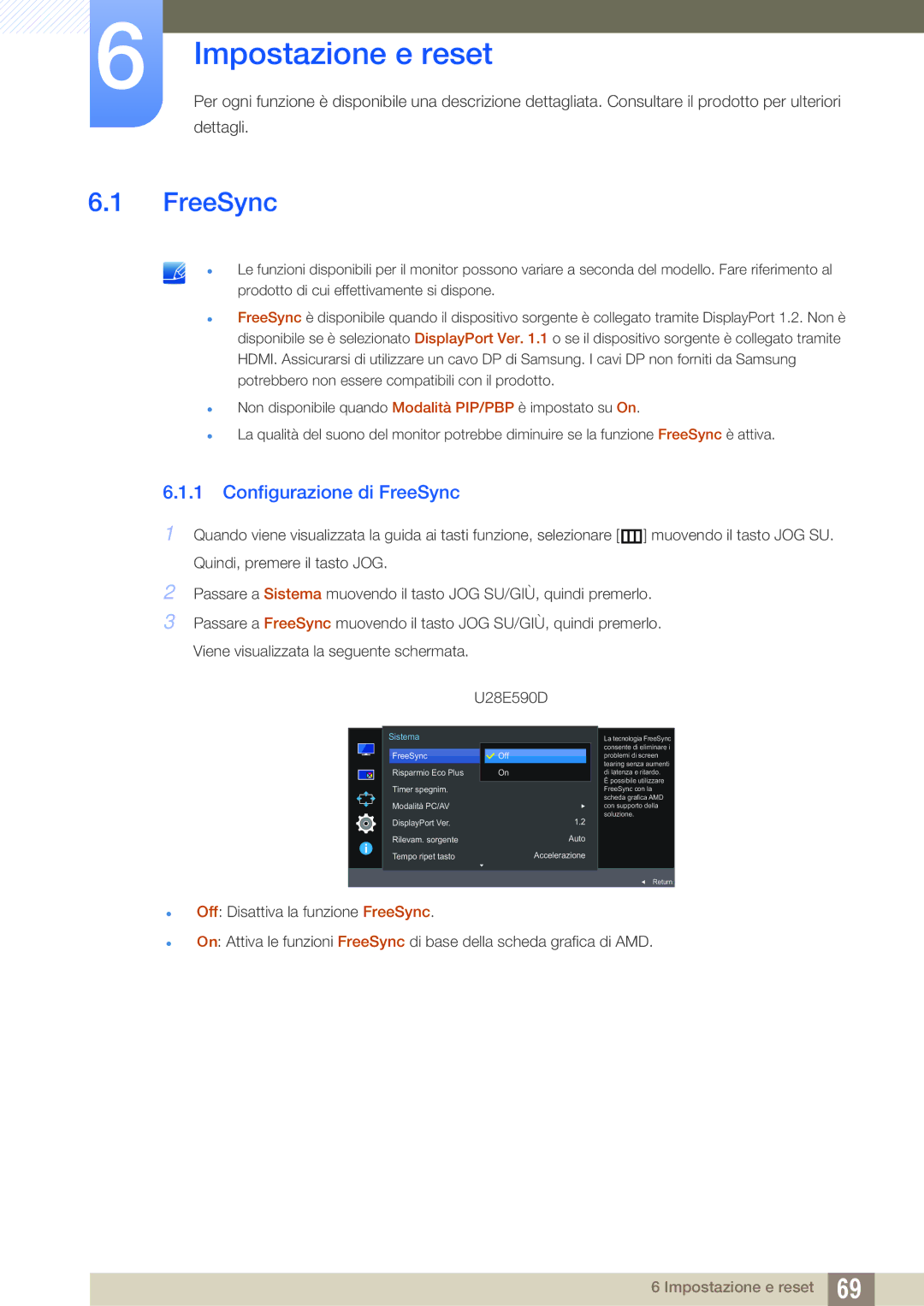 Samsung LU28E590DS/EN manual Impostazione e reset, Configurazione di FreeSync 