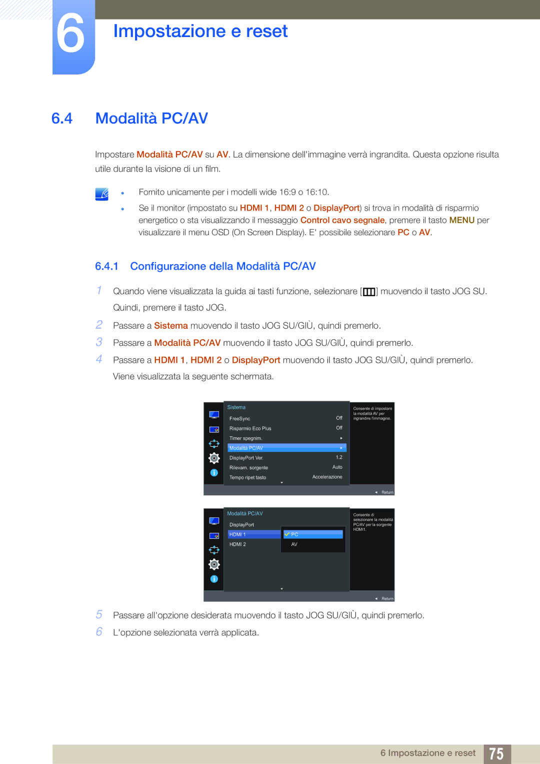 Samsung LU28E590DS/EN manual Configurazione della Modalità PC/AV 