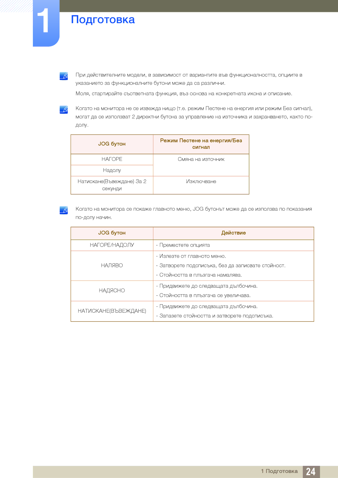 Samsung LU28E590DS/EN manual JOG бутон Режим Пестене на енергия/Без Сигнал 