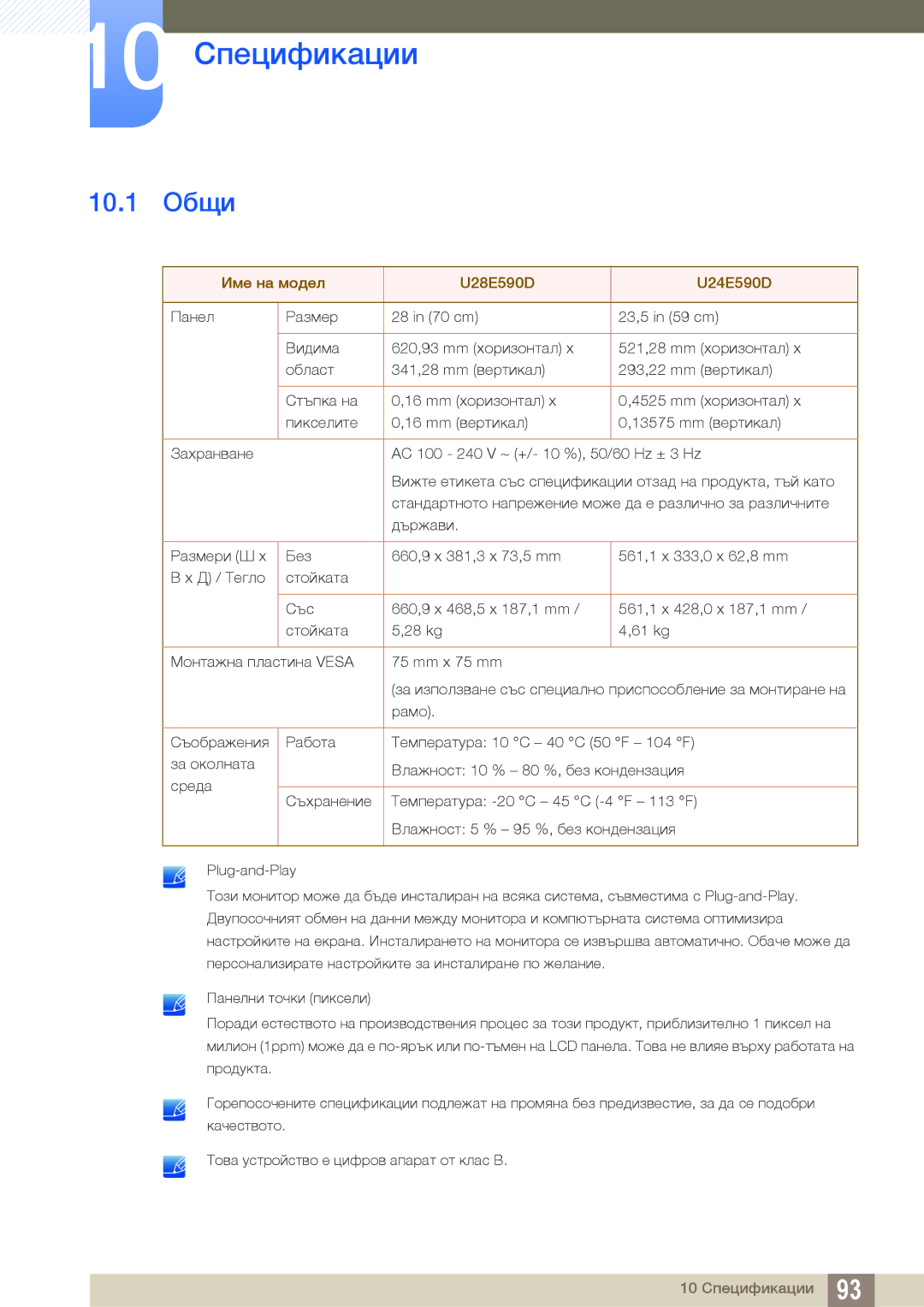 Samsung LU28E590DS/EN manual 10 Спецификации, 10.1 Общи 