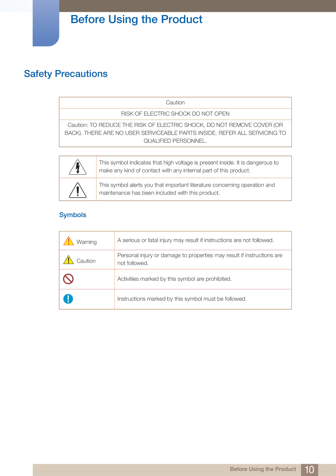 Samsung LU28E590DS/EN manual Safety Precautions, Symbols 
