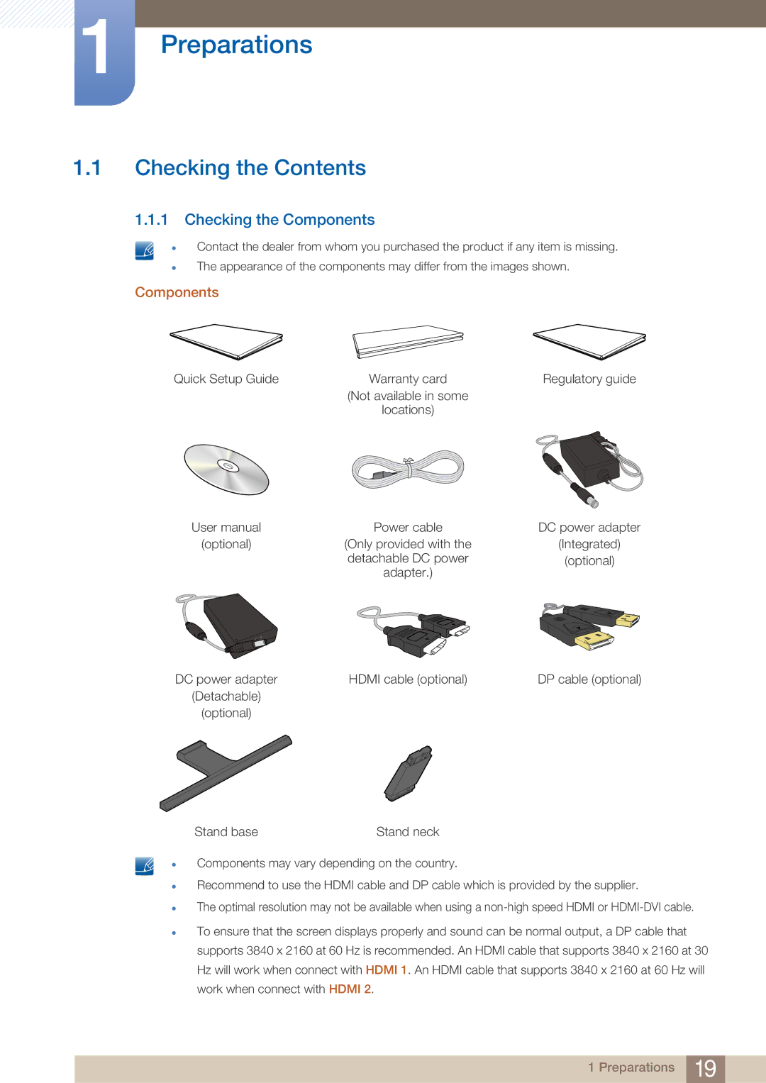 Samsung LU28E590DS/EN manual Preparations, Checking the Contents 