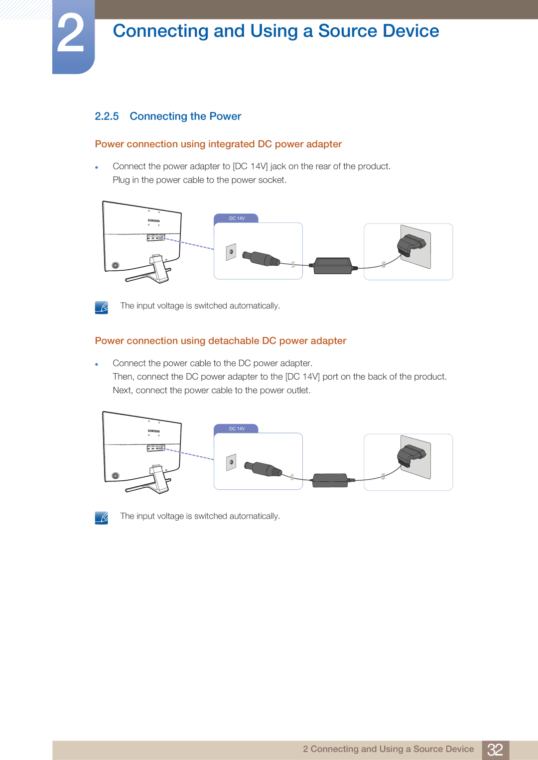 Samsung LU28E590DS/EN manual Connecting the Power, Power connection using integrated DC power adapter 