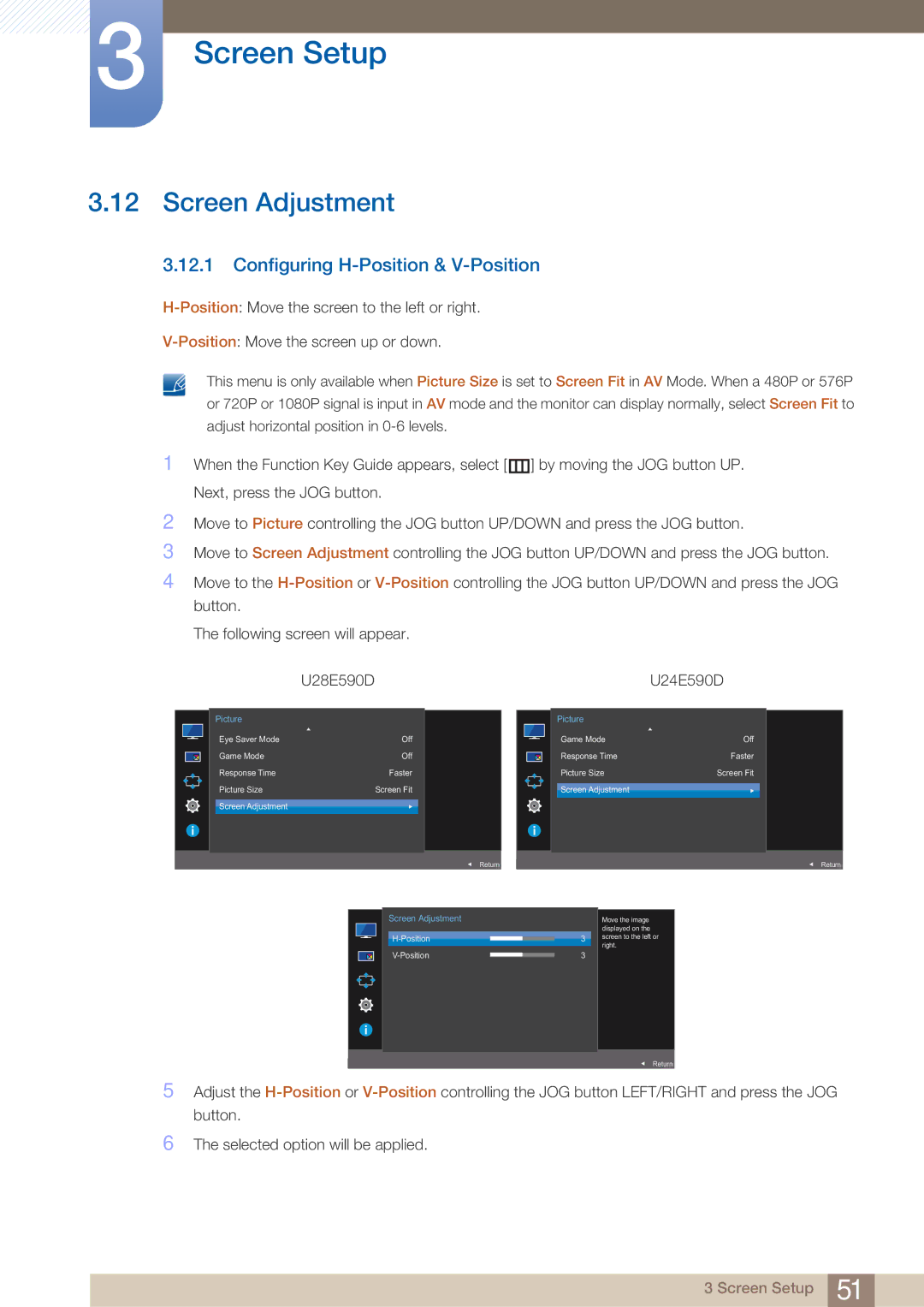 Samsung LU28E590DS/EN manual Screen Adjustment, Configuring H-Position & V-Position 