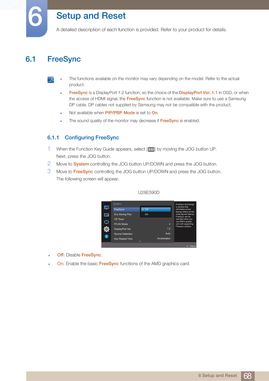 Samsung LU28E590DS/EN manual Setup and Reset, Configuring FreeSync 