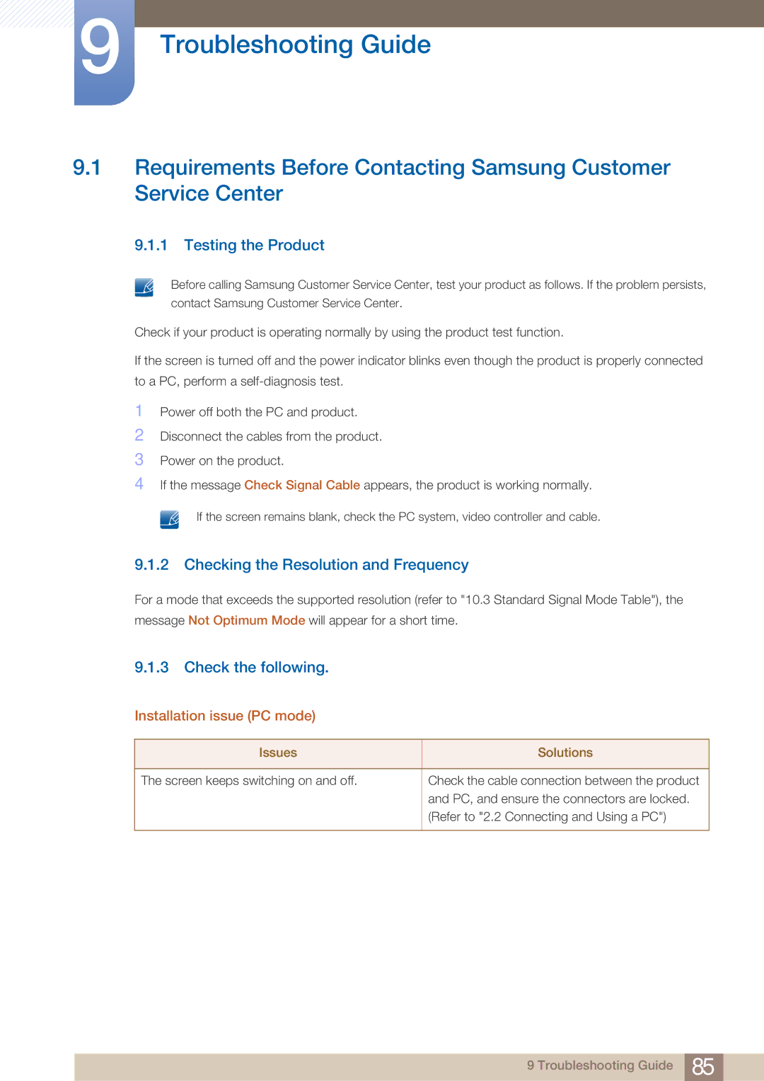 Samsung LU28E590DS/EN manual Troubleshooting Guide, Testing the Product, Checking the Resolution and Frequency 