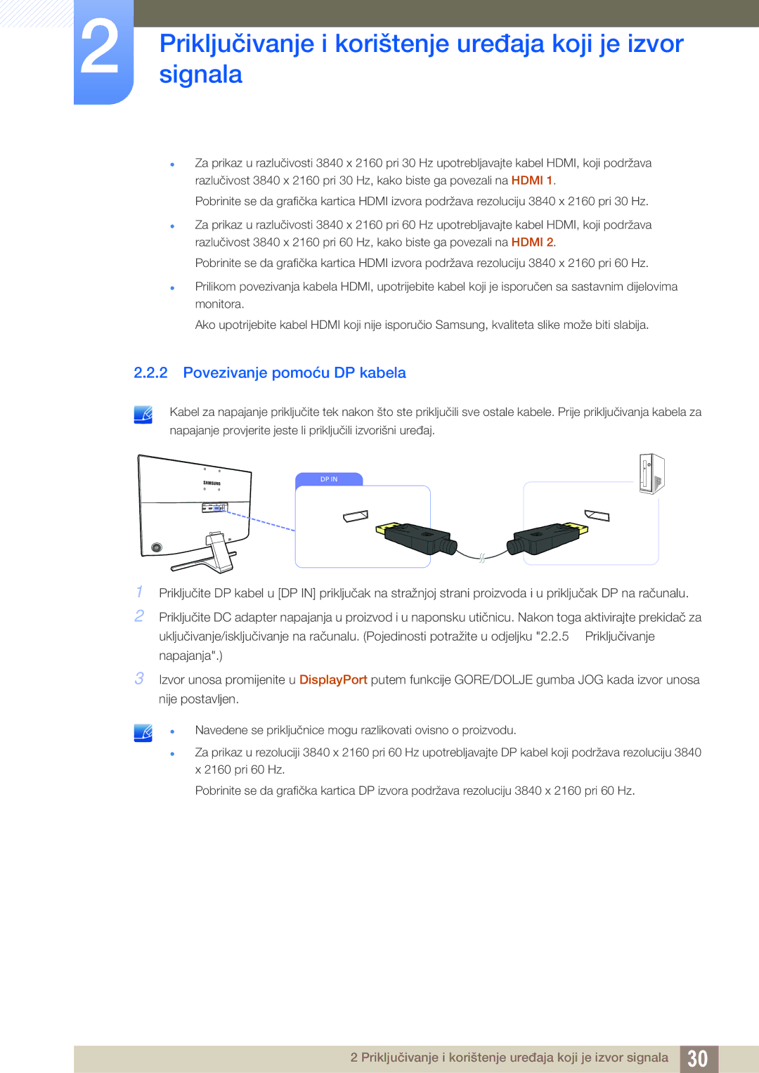 Samsung LU28E590DS/EN manual Povezivanje pomoću DP kabela 