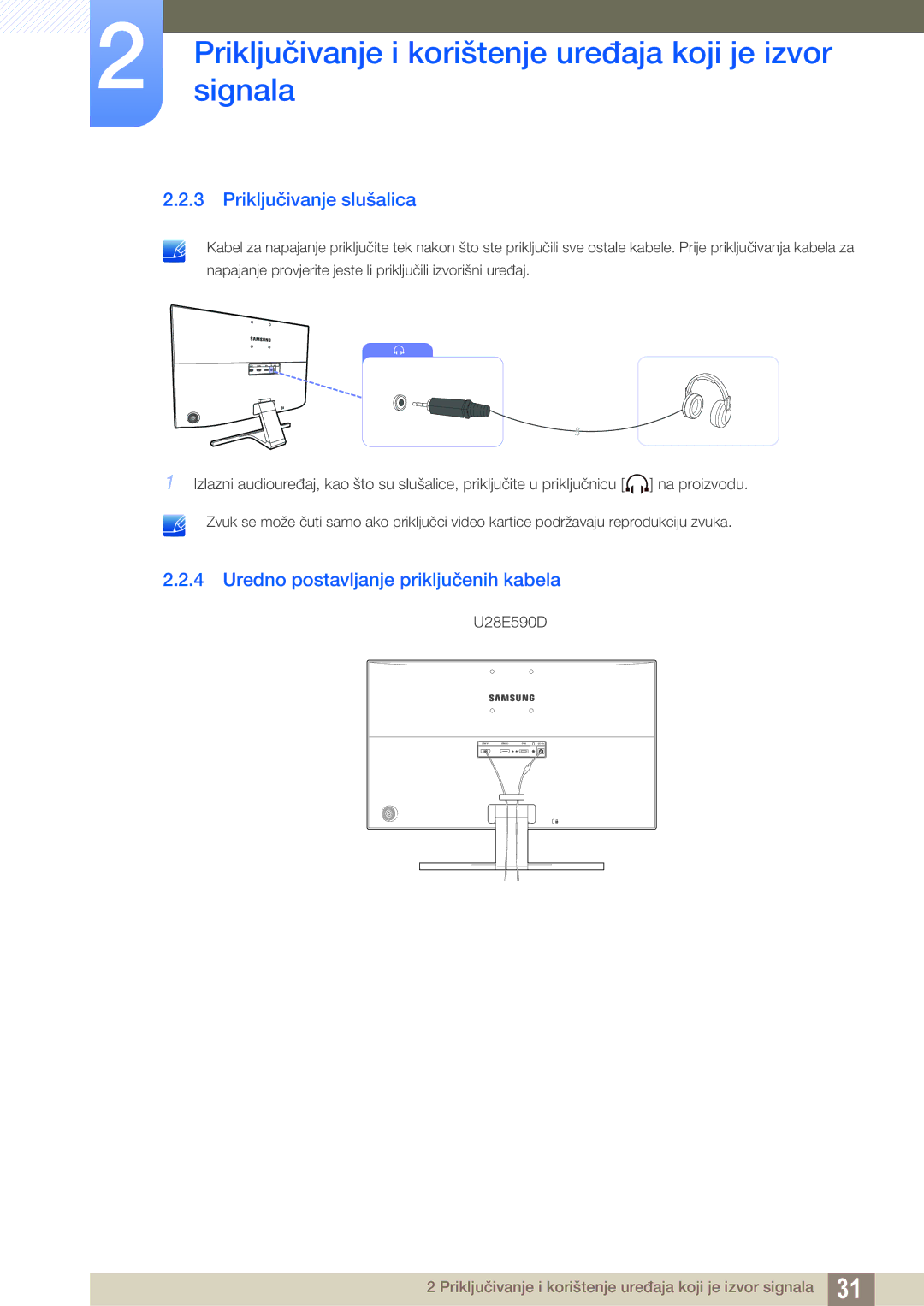 Samsung LU28E590DS/EN manual Priključivanje slušalica, Uredno postavljanje priključenih kabela 