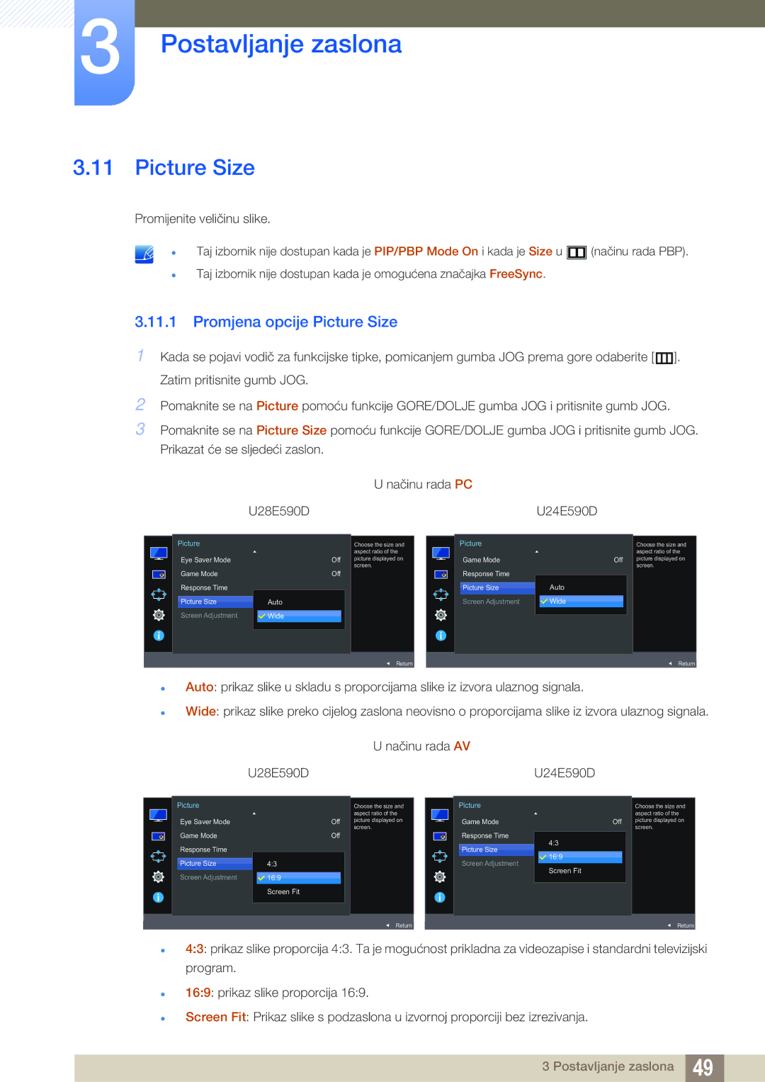 Samsung LU28E590DS/EN manual Promjena opcije Picture Size 