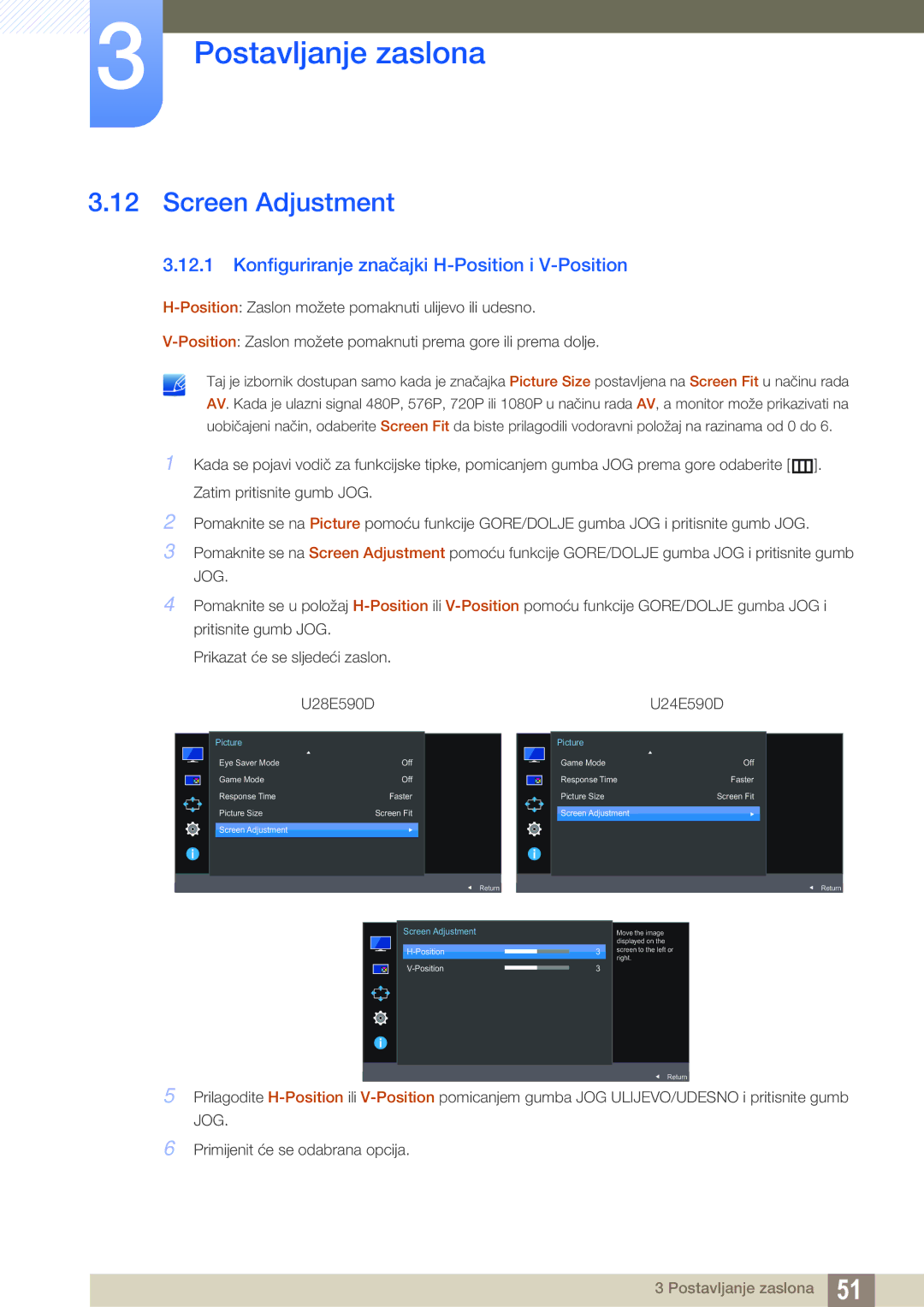 Samsung LU28E590DS/EN manual Screen Adjustment, Konfiguriranje značajki H-Position i V-Position 