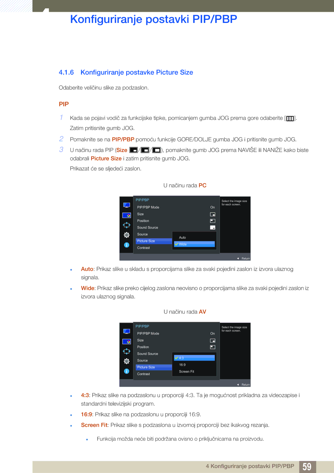 Samsung LU28E590DS/EN manual Konfiguriranje postavke Picture Size, Pip 
