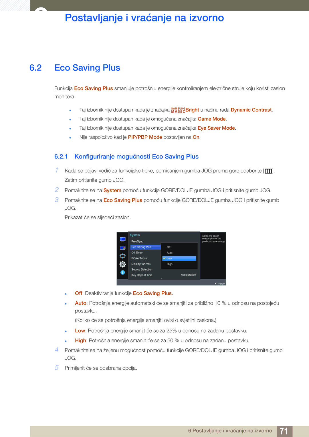 Samsung LU28E590DS/EN manual Konfiguriranje mogućnosti Eco Saving Plus 