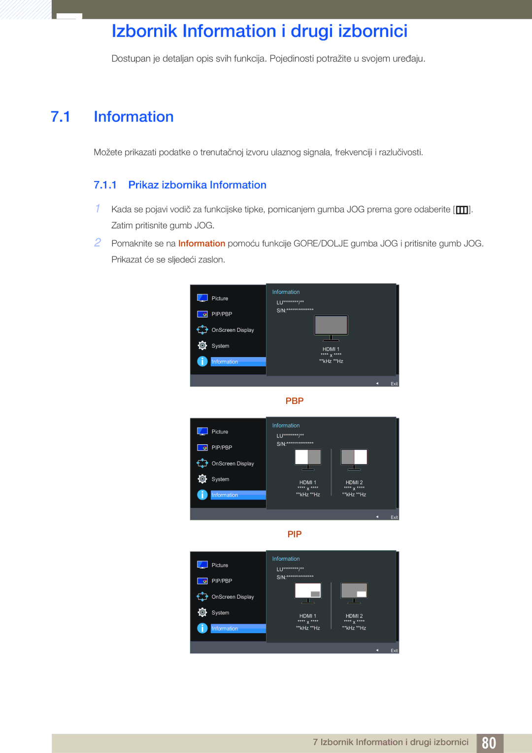 Samsung LU28E590DS/EN manual Izbornik Information i drugi izbornici, Prikaz izbornika Information 