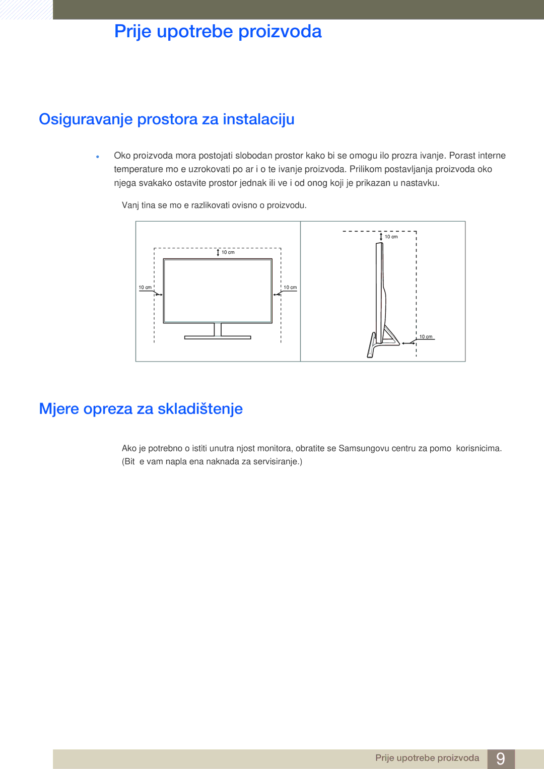 Samsung LU28E590DS/EN manual Osiguravanje prostora za instalaciju, Mjere opreza za skladištenje 