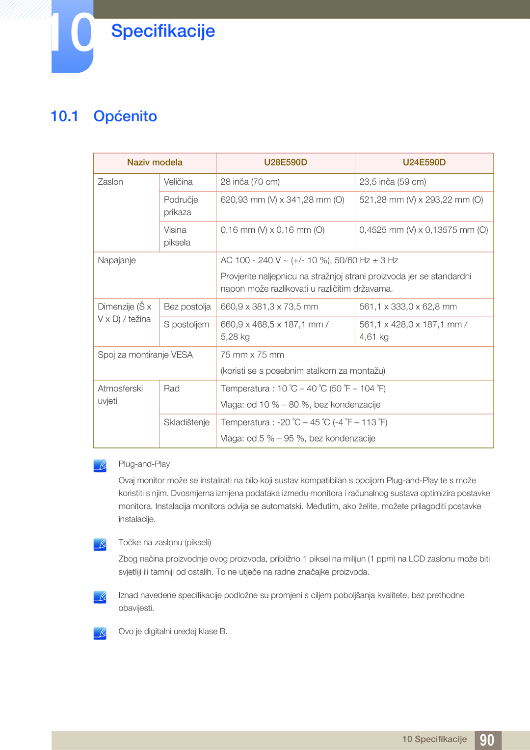 Samsung LU28E590DS/EN manual Specifikacije, 10.1 Općenito 