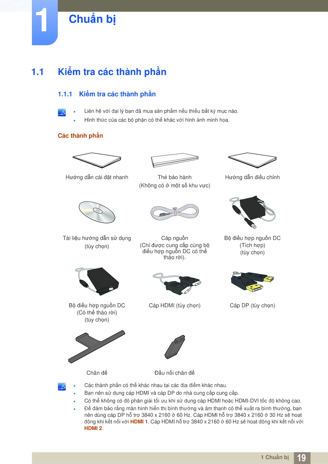 Samsung LU28E590DS/XV manual Chuẩn bị, 1 Kiểm tra các thành phần 