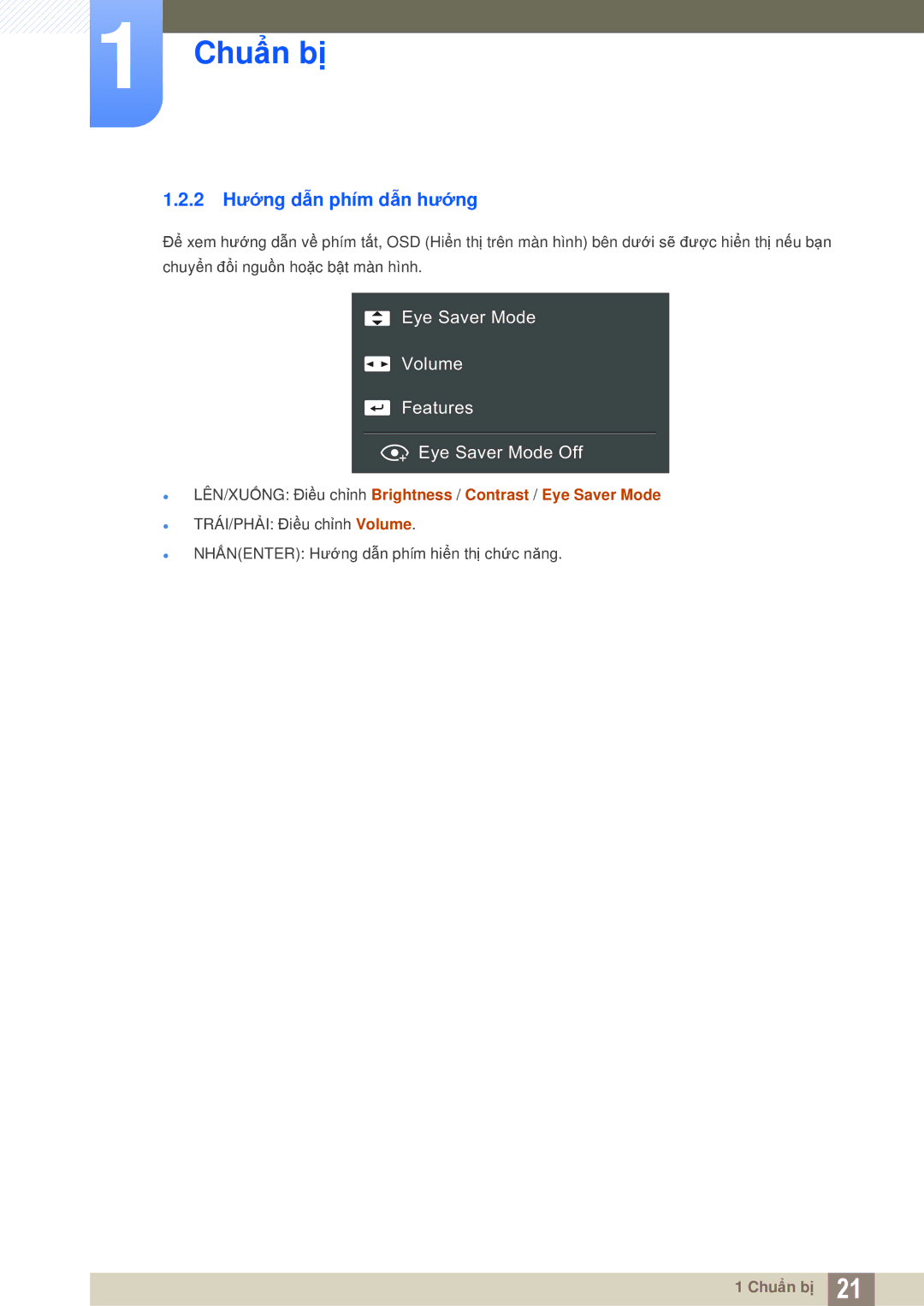 Samsung LU28E590DS/XV manual 2 Hướng dẫn phím dẫn hướng, LÊN/XUỐNG Điều chỉnh Brightness / Contrast / Eye Saver Mode 