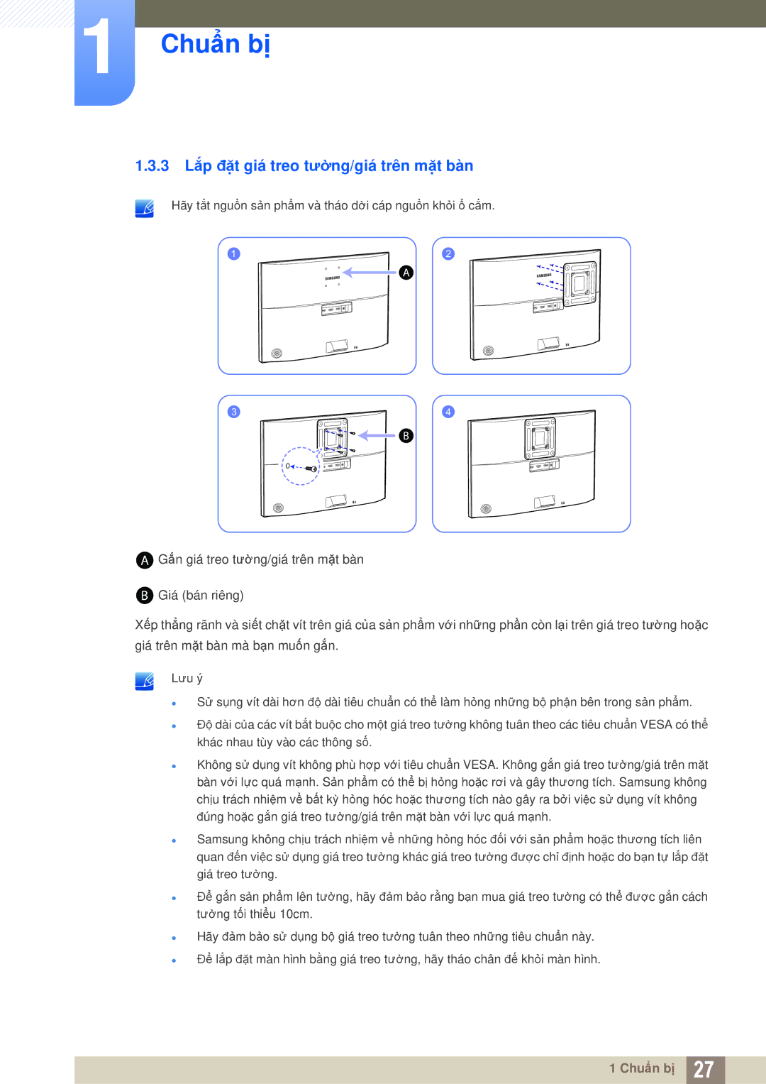 Samsung LU28E590DS/XV manual 3 Lắp đặt giá treo tường/giá trên mặt bàn 