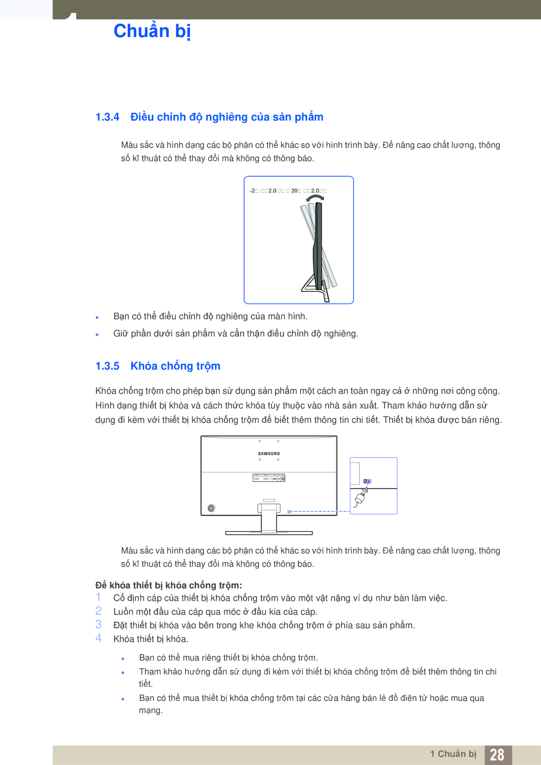 Samsung LU28E590DS/XV manual 4 Điều chỉnh độ nghiêng của sản phẩm, 5 Khóa chống trộm 