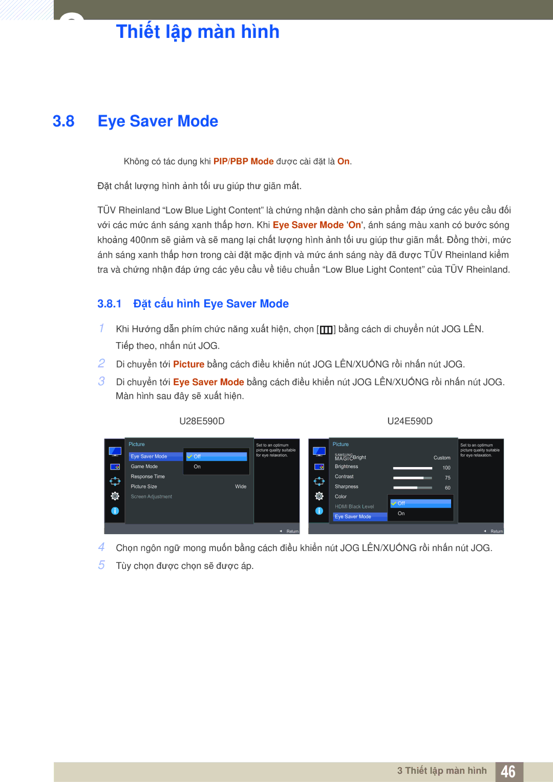 Samsung LU28E590DS/XV manual 1 Đặt cấu hình Eye Saver Mode 