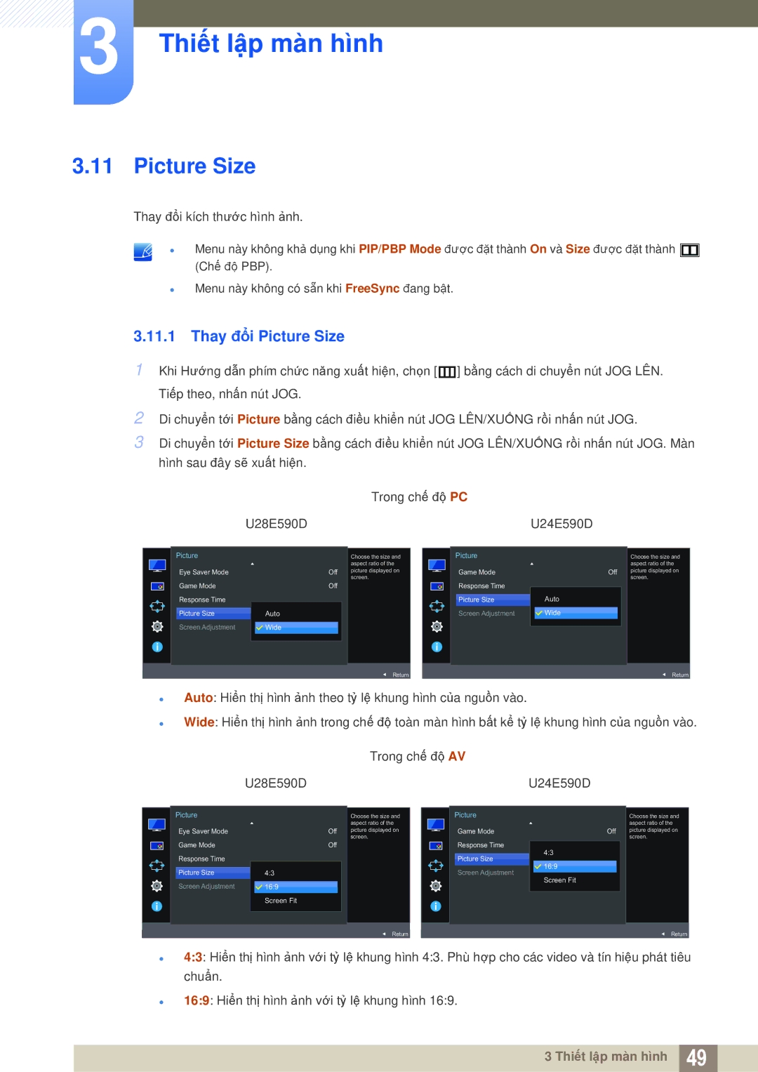 Samsung LU28E590DS/XV manual Thay đổi Picture Size 