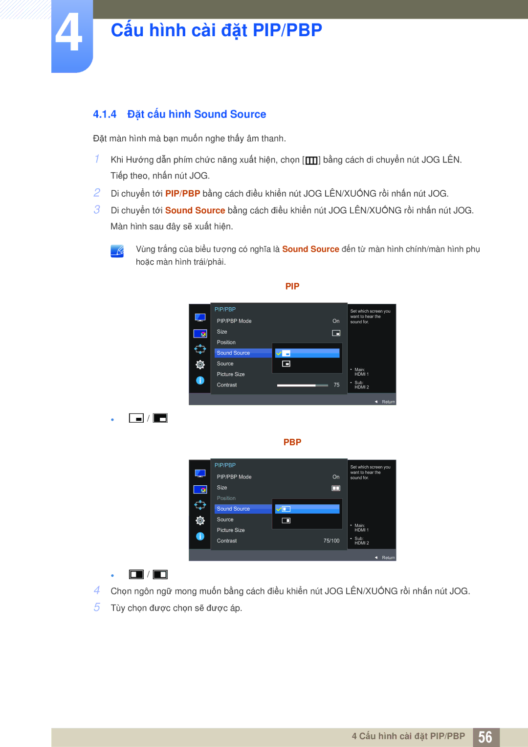 Samsung LU28E590DS/XV manual 4 Đặt cấu hình Sound Source, Pbp 