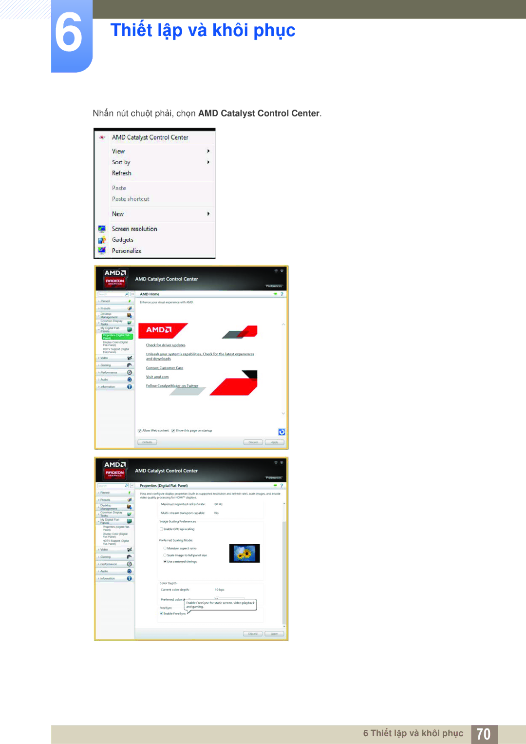 Samsung LU28E590DS/XV manual Nhấn nút chuột phải, chọn AMD Catalyst Control Center 