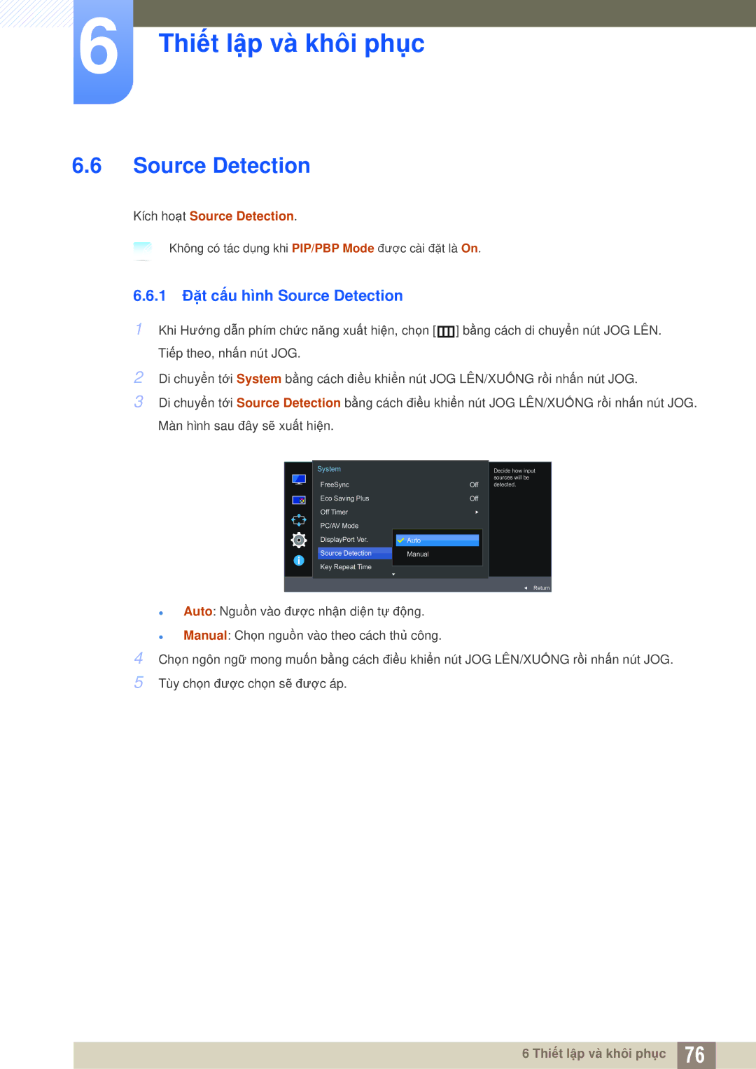 Samsung LU28E590DS/XV manual 1 Đặt cấu hình Source Detection, Kích hoạt Source Detection 