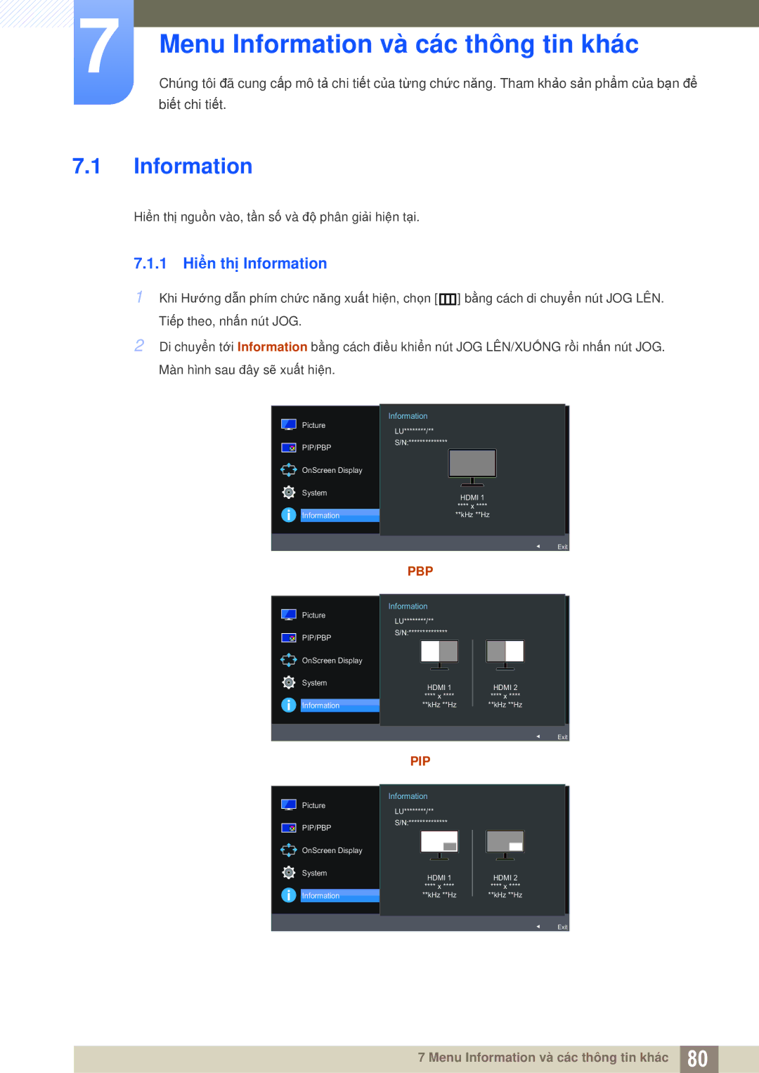 Samsung LU28E590DS/XV manual Menu Information và các thông tin khác, 1 Hiển thị Information 