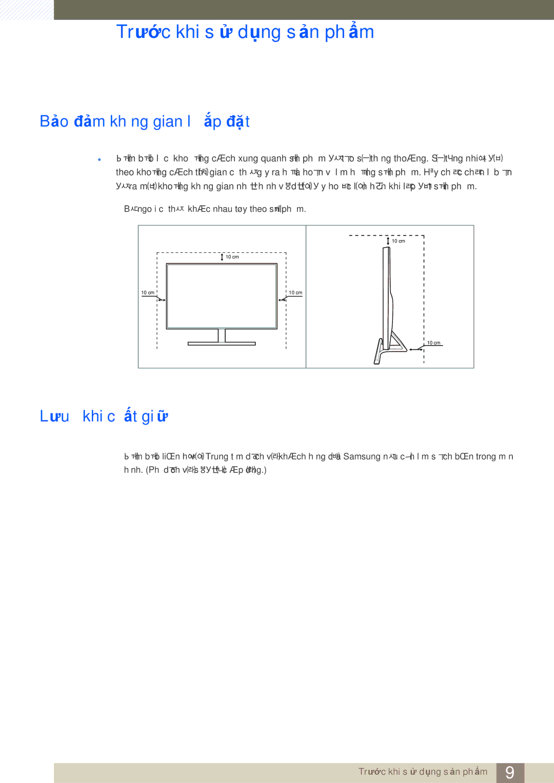 Samsung LU28E590DS/XV manual Bảo đảm không gian lắp đặt, Lưu ý khi cất giữ 