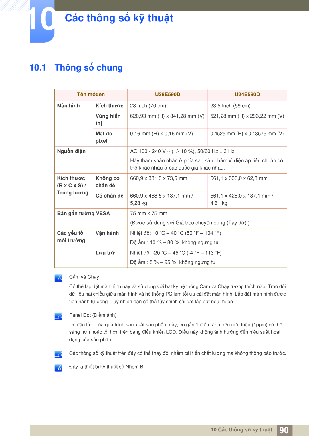 Samsung LU28E590DS/XV manual 10 Các thông số kỹ thuật, 10.1 Thông số chung 