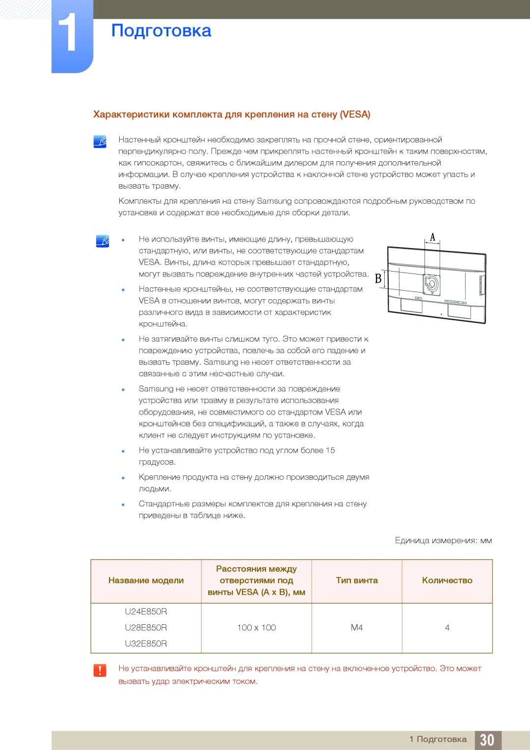 Samsung LU28E85KRS/EN, LU24E85KRS/EN, LU32E85KRS/CI, LU24E85KRS/CI manual Характеристики комплекта для крепления на стену Vesa 