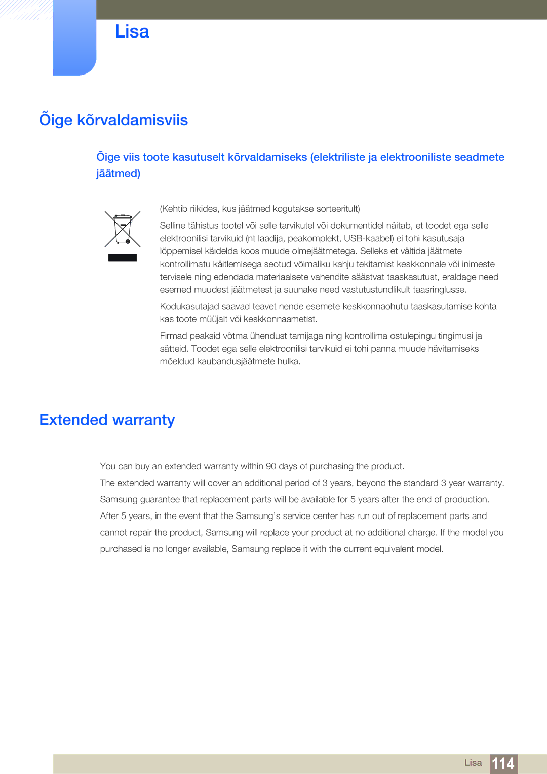 Samsung LU28E85KRS/EN, LU24E85KRS/EN manual Õige kõrvaldamisviis, Extended warranty 