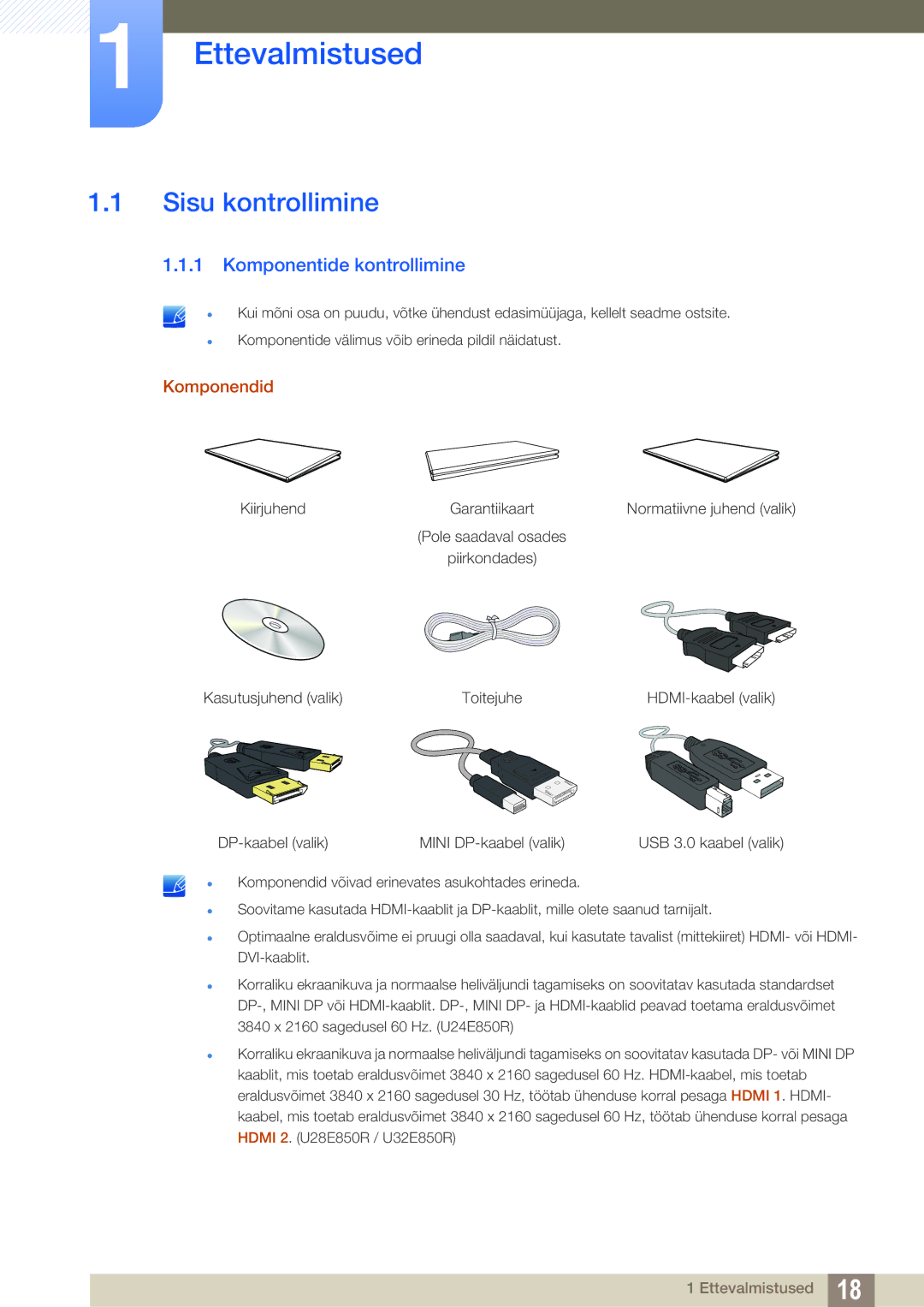 Samsung LU28E85KRS/EN, LU24E85KRS/EN manual Ettevalmistused, Sisu kontrollimine, Komponentide kontrollimine, Komponendid 